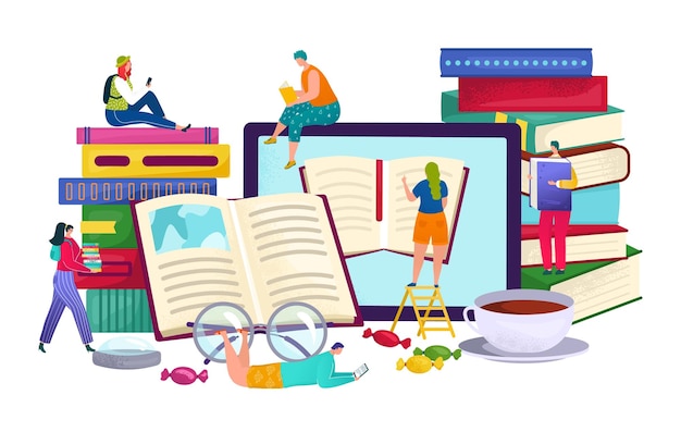 Biblioteca de libros en el dispositivo Internet educación concepto vector ilustración Los estudiantes estudian en línea leer conocimiento por tecnología informática