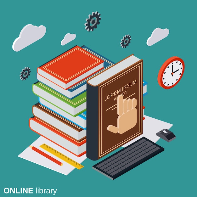 Biblioteca en línea, concepto de educación plana isométrica
