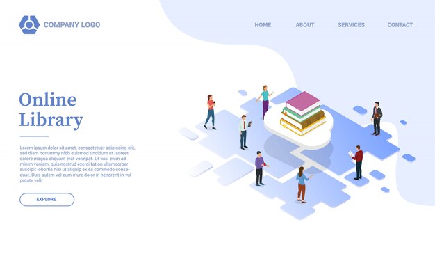 Biblioteca en línea o educación en la nube con plantilla de sitio web de libros o página de inicio con estilo isométrico
