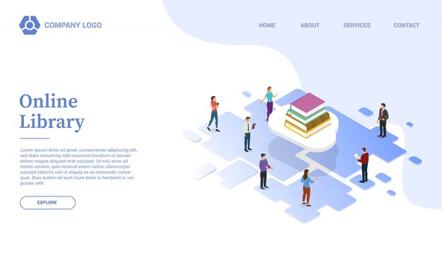 Vector biblioteca en línea o educación en la nube con plantilla de sitio web de libros o página de inicio con estilo isométrico