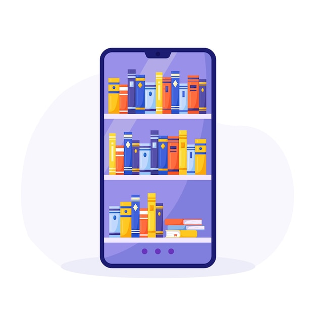 Biblioteca en línea Teléfono con estantes de libros Librería en Internet Educación a distancia en aplicación móvil Librería electrónica en aplicación para teléfonos inteligentes Cursos de capacitación en línea Aplicación para leer libros electrónicos