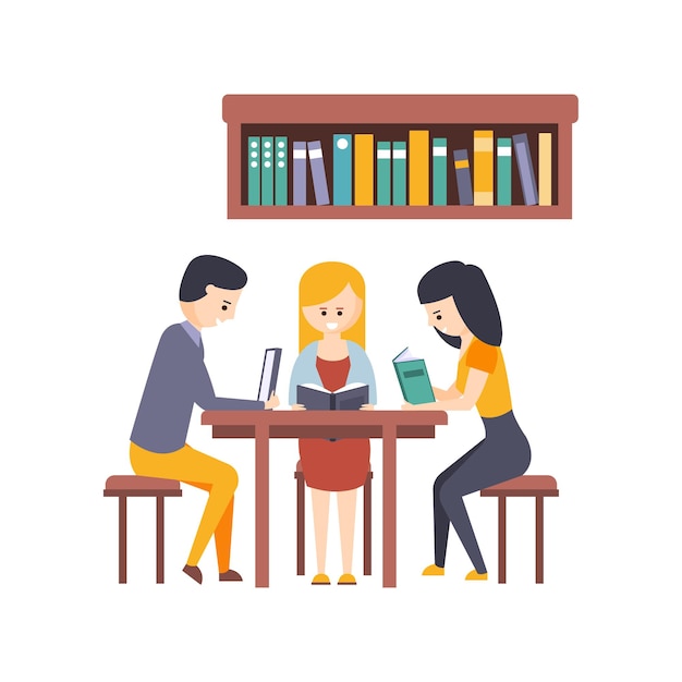 Biblioteca o librería con estudiantes leyendo libros y estudiando juntos en el escritorio
