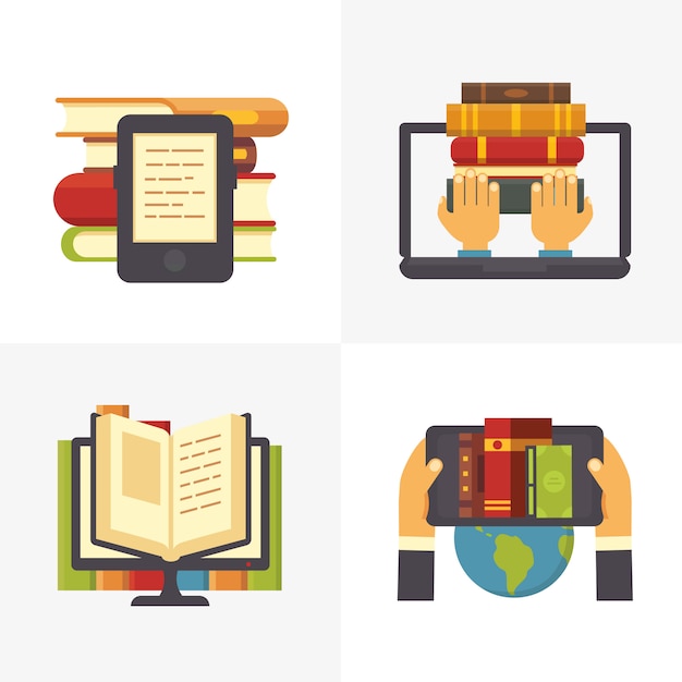 Biblioteca plana en línea. Acceso a libros de la biblioteca escolar en la computadora portátil. Libros de texto de educación científica y tienda de libros digitales