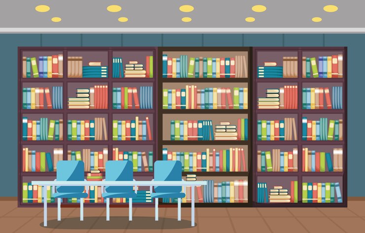 Vector biblioteca pública interior pila de libro en estantería plana