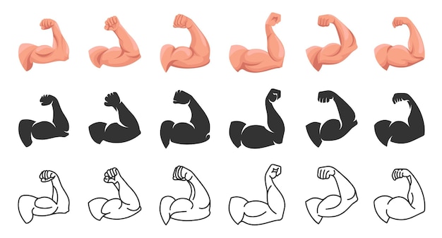 Biceps fuertes Brazo de gimnasia flexionando la silueta del músculo del bíceps y los iconos de fuerza de la mano