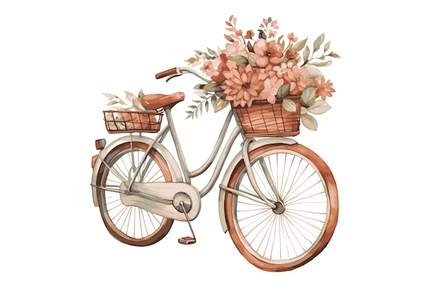 Vector bicicleta de acuarela con ilustración vectorial de la canasta de flores