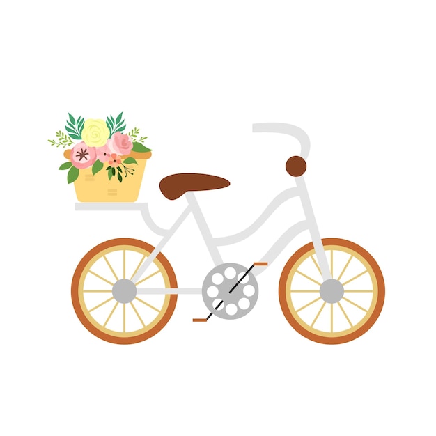 una bicicleta azul con un cubo de flores