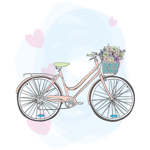 una bicicleta con una canasta de flores y un corazón en él vector