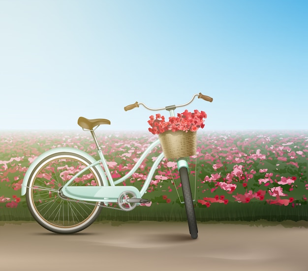 Bicicleta de ciudad de estilo retro con canasta de flores aislado sobre fondo