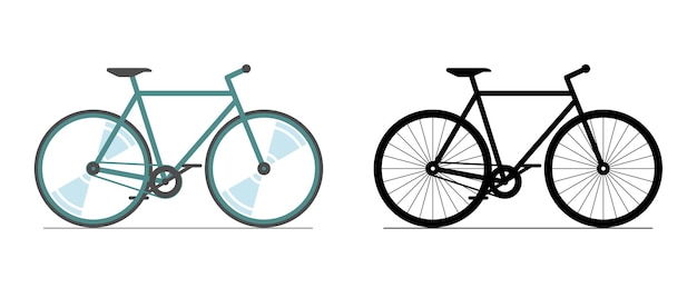 Bicicleta color y conjunto de iconos negros. Signo de silueta de color de rueda de ciclo sobre fondo blanco. Ilustración de vector de símbolo de vehículo de transporte de ciudad de bicicleta