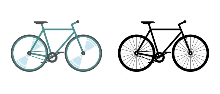 Bicicleta color y conjunto de iconos negros. Signo de silueta de color de rueda de ciclo sobre fondo blanco. Ilustración de vector de símbolo de vehículo de transporte de ciudad de bicicleta