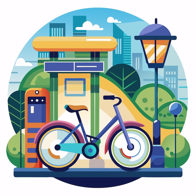 Bicicleta colorida estacionada junto a una estación de carga en una ciudad