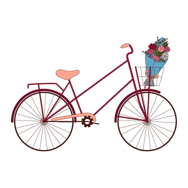 Bicicleta dibujada a mano y un ramo de flores para el día de San Valentín Elementos de diseño para carteles tarjetas de felicitación pancartas e invitaciones