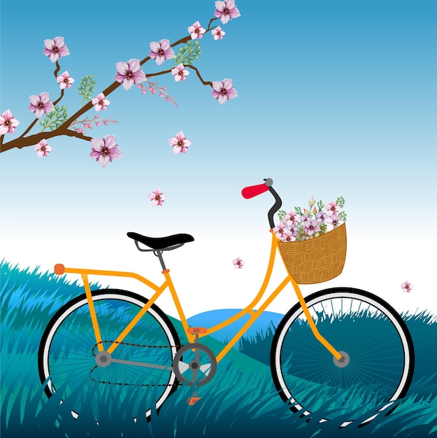 Vector bicicleta con flor de sakura en un ambiente romántico.