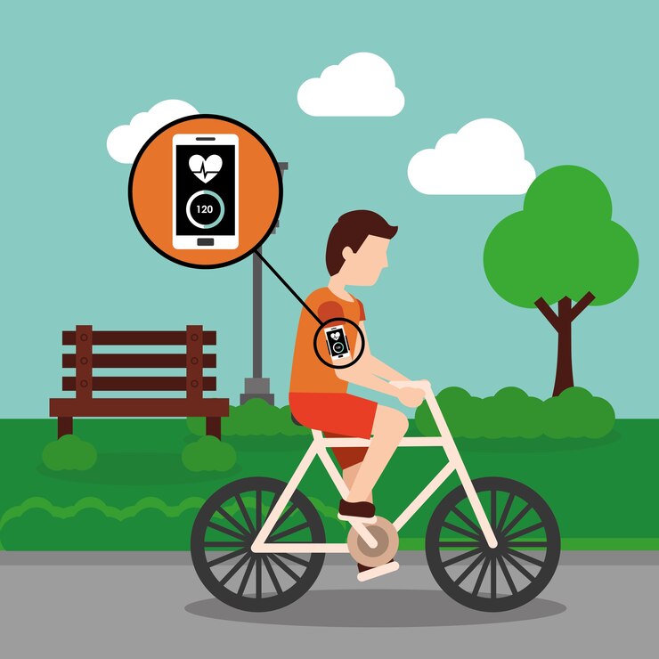 Vector bicicleta de hombre de deporte con aplicación de monitoreo móvil en el parque