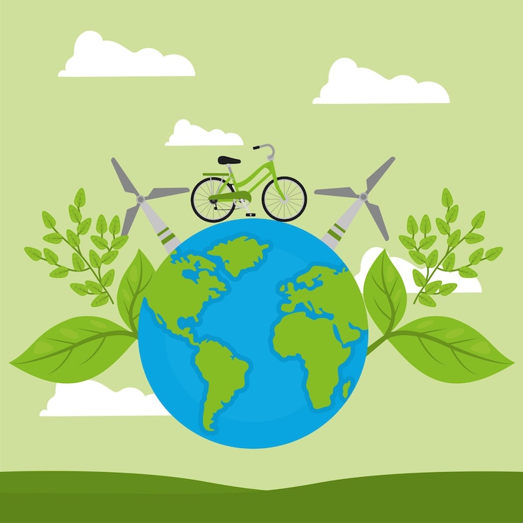 Vector bicicleta con molino de viento sobre tierra.