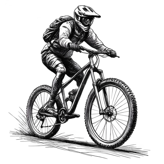 Bicicleta de montaña dibujo vectorial de boceto de tinta monocromático estilo de grabado ilustración vectorial