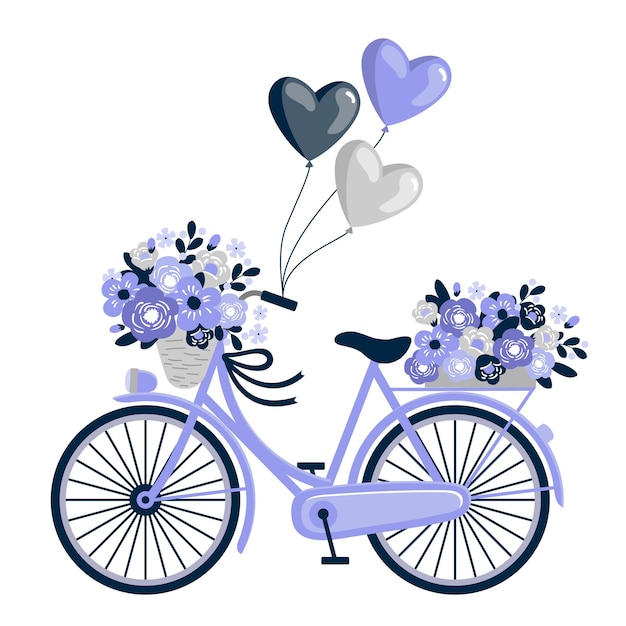 Vector bicicleta morada con flores y globos.