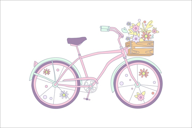 Bicicleta retro rosa con flores en una caja de madera ilustración vectorial sobre un fondo blanco.