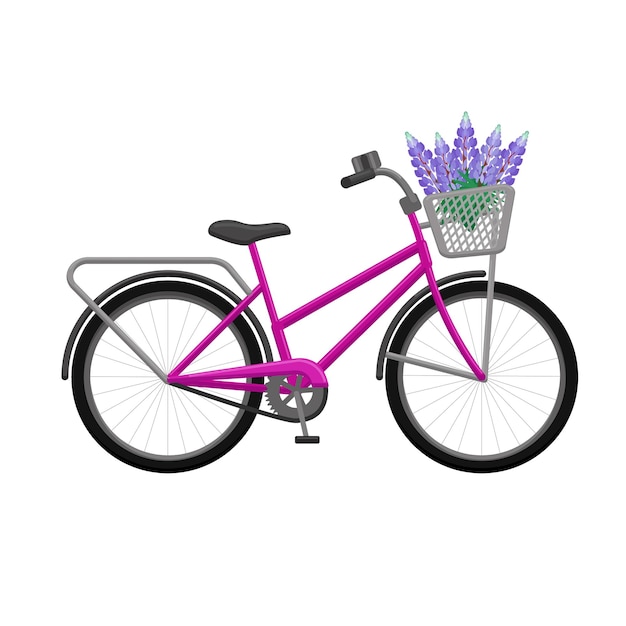 Vector bicicleta rosa de 28x9 con una cesta de flores de verano ilustración de vector de dibujos animados de imagen romántica de lupin