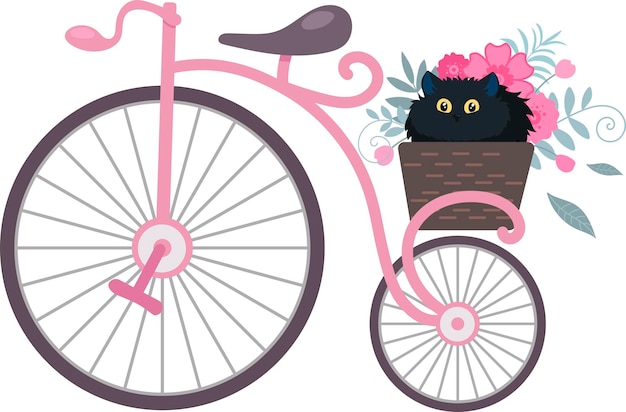 Vector bicicleta vintage con una canasta de flores y una ilustración de gato negro en estilo plano de dibujos animados