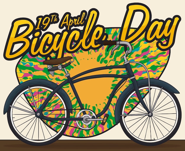 Bicicleta vintage en un cartel psicodélico de colores para conmemorar el Día de la Bicicleta el 19 de abril