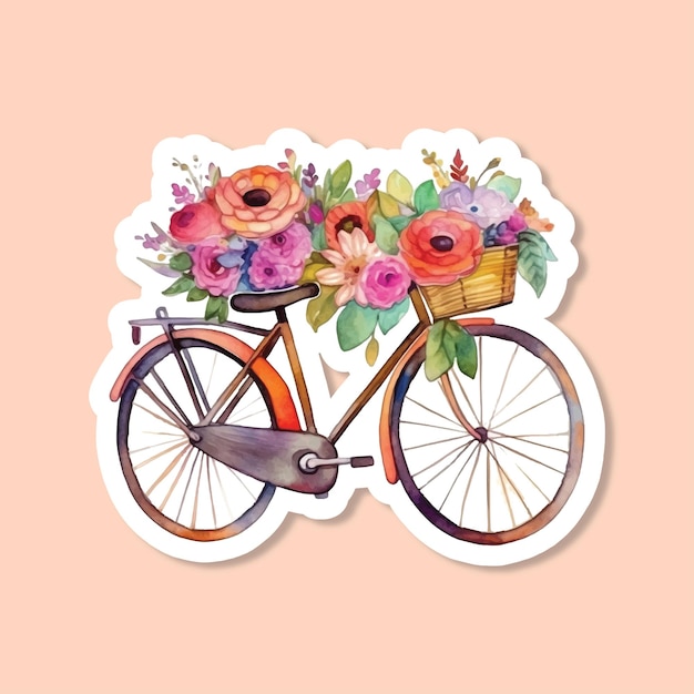 Bicicleta vintage con pegatina acuarela de flores