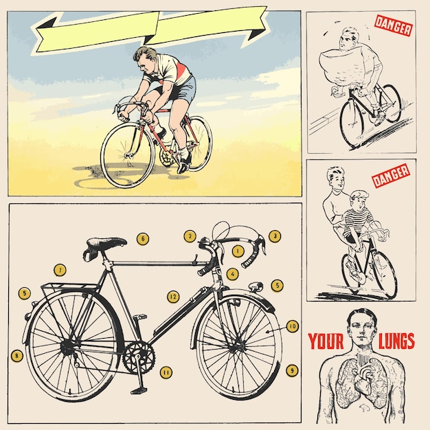 Bicicletas ciclismo salud deporte infografía peligro ciclismo vector ilustraciones elementos gráficos conjunto 2