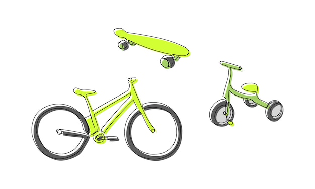 Bicicletas de colores y patines de una línea de arte Dibujo de línea continua de transporte deportivo