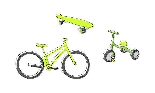 Vector bicicletas de colores y patines de una línea de arte dibujo de línea continua de transporte deportivo