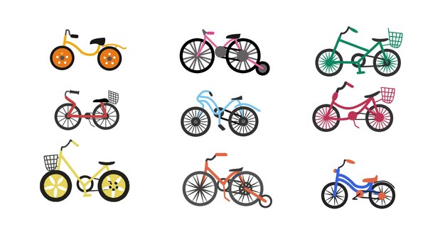 Bicicletas para niños conjunto colorido ilustración vectorial para web