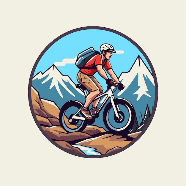 Biciclista de montaña con mochila montando en una bicicleta Ilustración vectorial