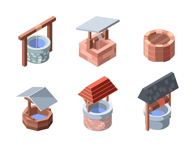 Bienestar de agua isométrica Oasis de jardín al aire libre con rocas ladrillos bebida bien chillona ilustración vectorial conjunto 3d