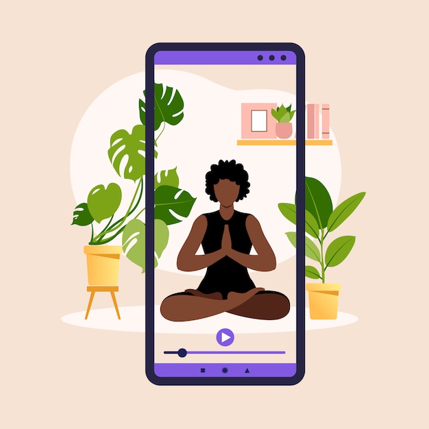 Bienestar y estilo de vida saludable en casa. Mujer africana haciendo ejercicios de yoga. Banner de yoga en línea con niña en asana, planta de la casa y pantalla del teléfono inteligente. ilustración.