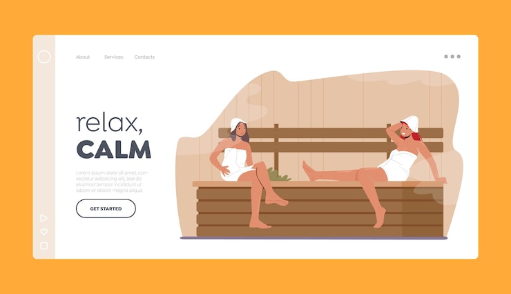 Vector bienestar de las personas, plantilla de página de inicio de higiene. relajación de sauna, terapia de cuidado corporal, pareja de amigas en bath