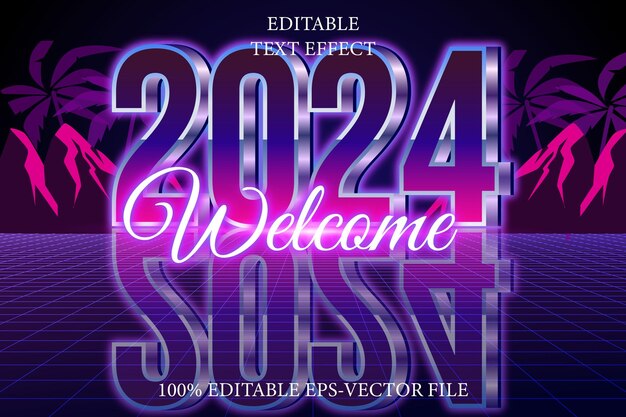 Bienvenido a 2024 Efecto de texto editable 3D estilo retro de los años 80
