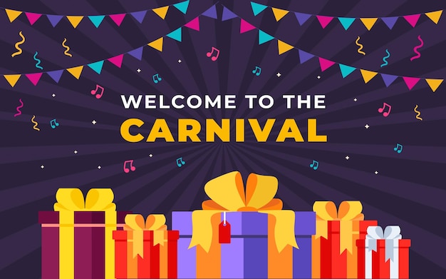 Bienvenido al carnaval, tarjeta de invitación o pancarta con muchos regalos.