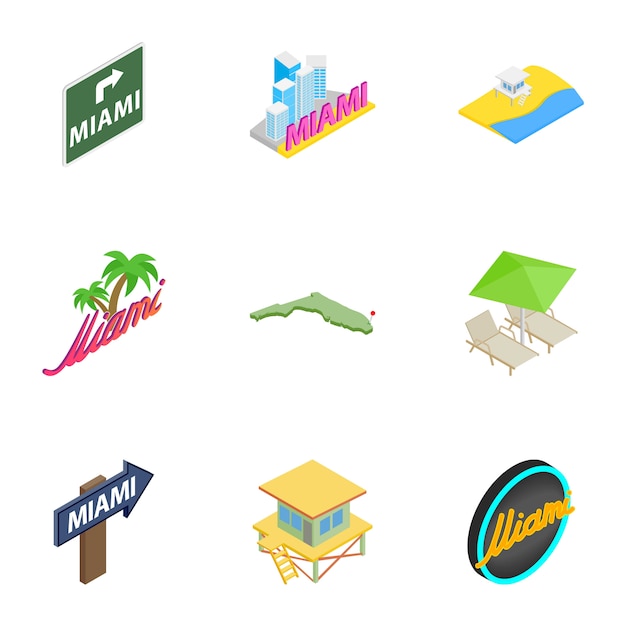 Bienvenido al conjunto de iconos de miami, estilo isométrico 3d