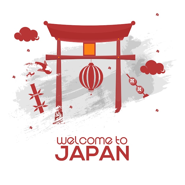 Bienvenido al diseño de póster de Japón con puerta japonesa (Torii), linterna colgante y efecto de pincel