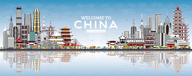 Bienvenido al horizonte de China con edificios grises, cielo azul y reflejos. Monumentos famosos en China. Ilustración de vector. Concepto de turismo y viajes de negocios con arquitectura moderna. China paisaje urbano wi