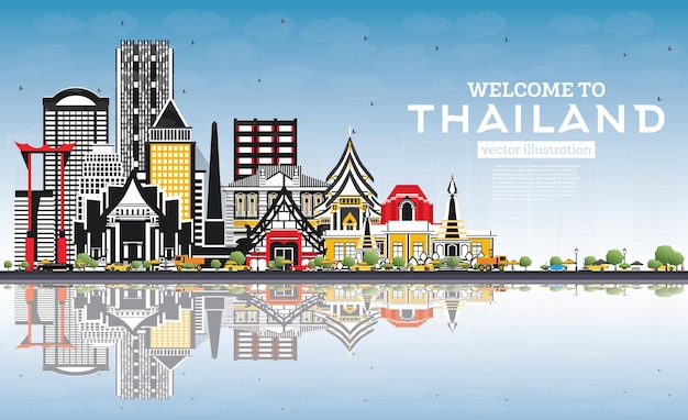 Bienvenido al horizonte de la ciudad de Tailandia con edificios de color, cielo azul y reflejos. Ilustración