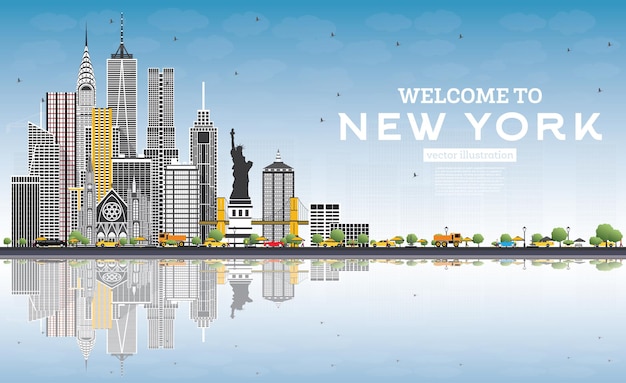 Bienvenido al horizonte de Nueva York, Estados Unidos, con edificios grises, cielo azul y reflejos. Ilustración de vector. Concepto de viajes y turismo con arquitectura moderna. Paisaje urbano de Nueva York con hitos.