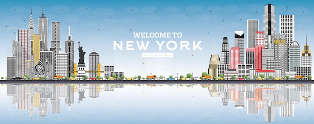 Bienvenido al horizonte de Nueva York, Estados Unidos, con edificios grises, cielo azul y reflejos. Ilustración de vector. Concepto de viajes y turismo con arquitectura moderna. Paisaje urbano de Nueva York con hitos.