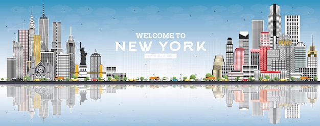 Bienvenido al horizonte de nueva york, estados unidos, con edificios grises, cielo azul y reflejos. ilustración de vector. concepto de viajes y turismo con arquitectura moderna. paisaje urbano de nueva york con hitos.