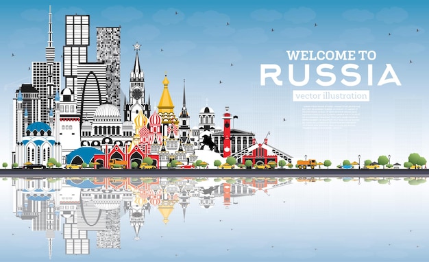 Bienvenido al horizonte de Rusia con edificios grises y cielo azul. Ilustración de vector. Concepto de turismo con arquitectura histórica. Rusia paisaje urbano con hitos. Moscú. San Petersburgo. Ekaterimburgo.