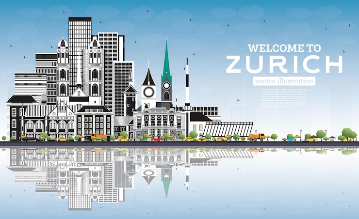 Vector bienvenido al horizonte de zurich suiza con edificios grises, cielo azul y reflejos. ilustración de vector. concepto de turismo con arquitectura histórica. paisaje urbano de zurich con hitos.