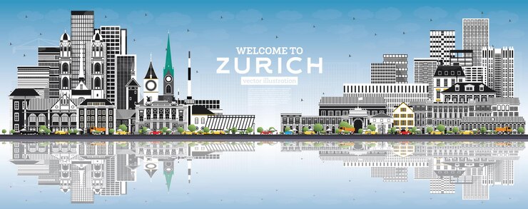 Vector bienvenido al horizonte de zurich suiza con edificios grises, cielo azul y reflejos