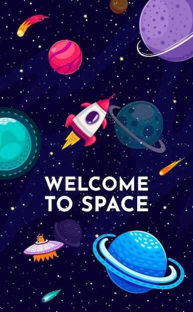 Bienvenido a la bandera espacial con ovni y planeta galáctico