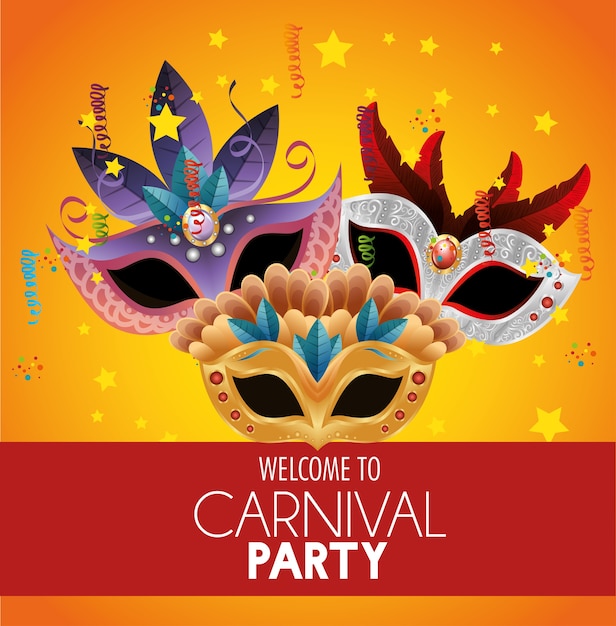 Bienvenido carnaval fiesta máscaras brillantes plumas estrellas confeti banner