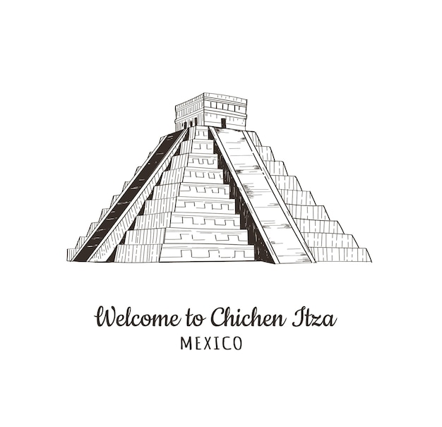 Bienvenido a chichén itzá méxico pirámide mexicana de maya ilustración vectorial civilización maya